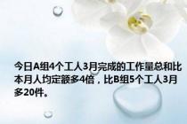 今日A组4个工人3月完成的工作量总和比本月人均定额多4倍，比B组5个工人3月多20件。